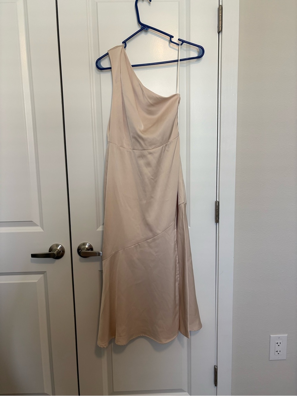 One-Shoulder Nude Color Satin Midi Dress